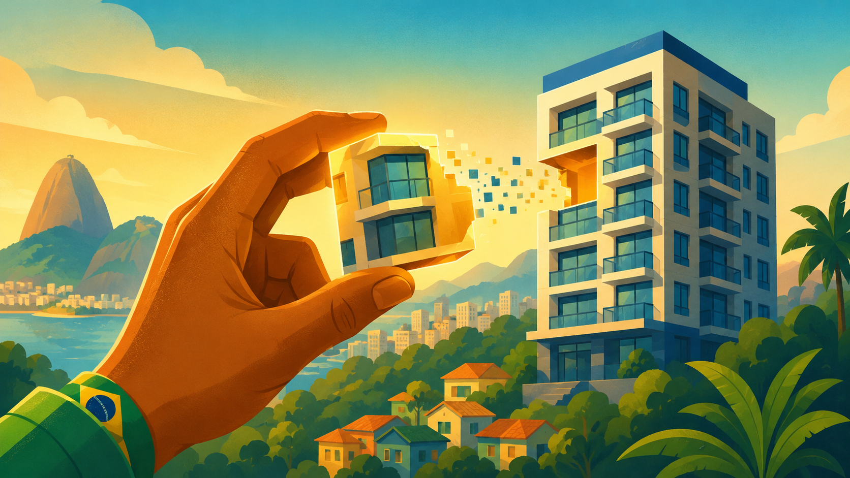 Illustration of a Brazilian hand holding a glowing digital fragment that breaks off from a larger building icon, symbolizing fractional ownership