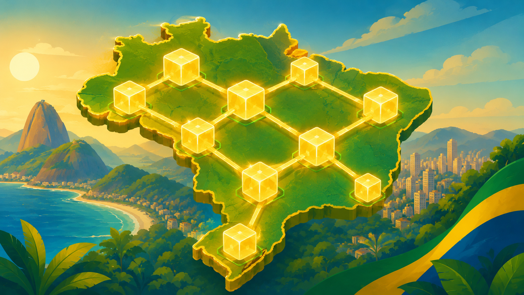 Illustration of interconnected glowing blocks forming a chain over a stylized map of Brazil