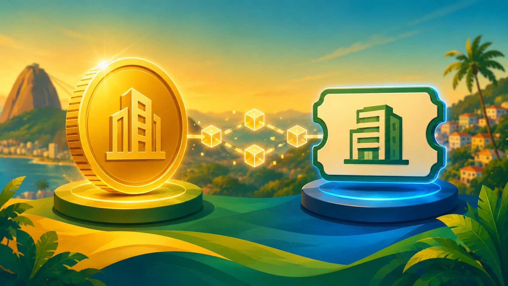 Side-by-side illustration: a glowing coin on one side, a small token/ticket icon on the other, connected by a subtle blockchain line