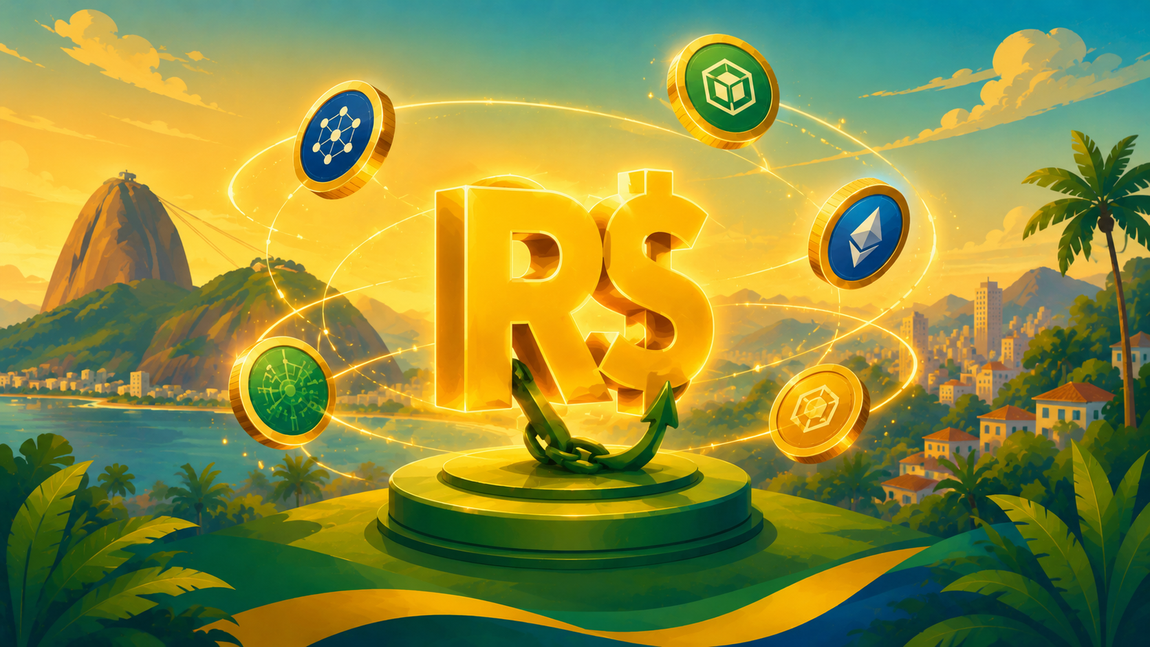 Illustration of a glowing Brazilian real symbol (R$) anchored steadily, surrounded by softly orbiting digital coins