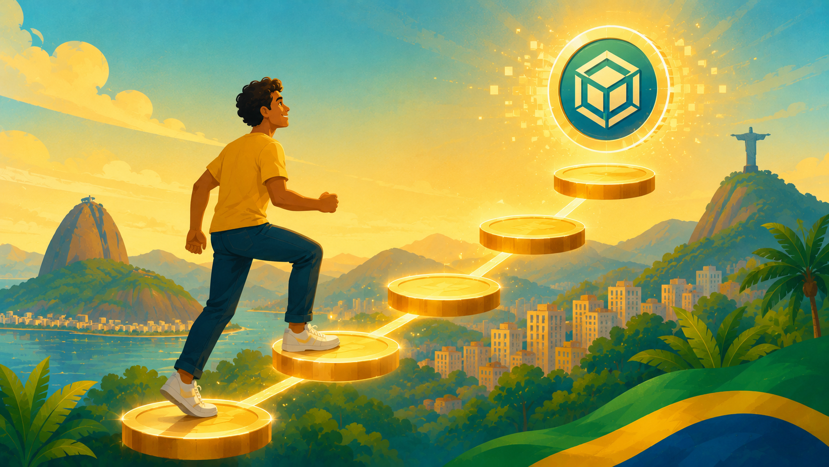 Illustration of a Brazilian person climbing simple glowing steps made of coins toward a digital token icon