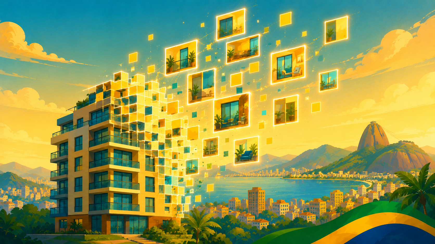 Illustration of a stylized building fragmenting into smaller glowing digital tiles floating upward
