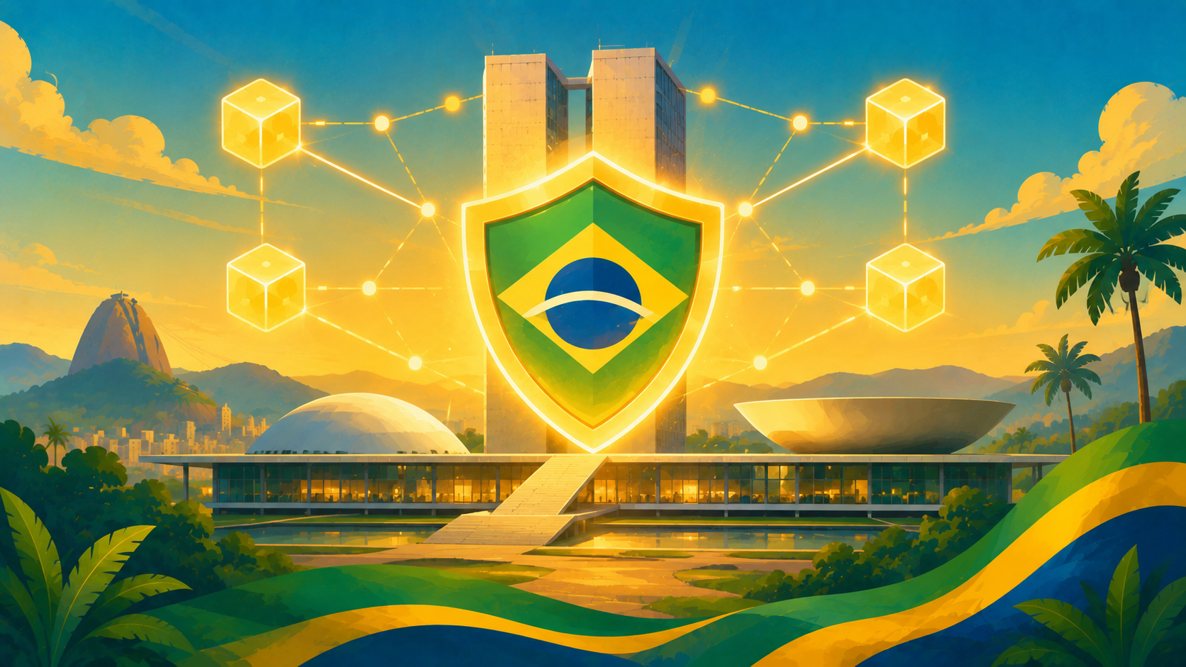 Ilustração representando segurança regulatória na tokenização de ativos no Brasil, com um escudo sobre um edifício governamental e elementos de blockchain simbolizando conformidade, proteção e confiança no ambiente digital.
