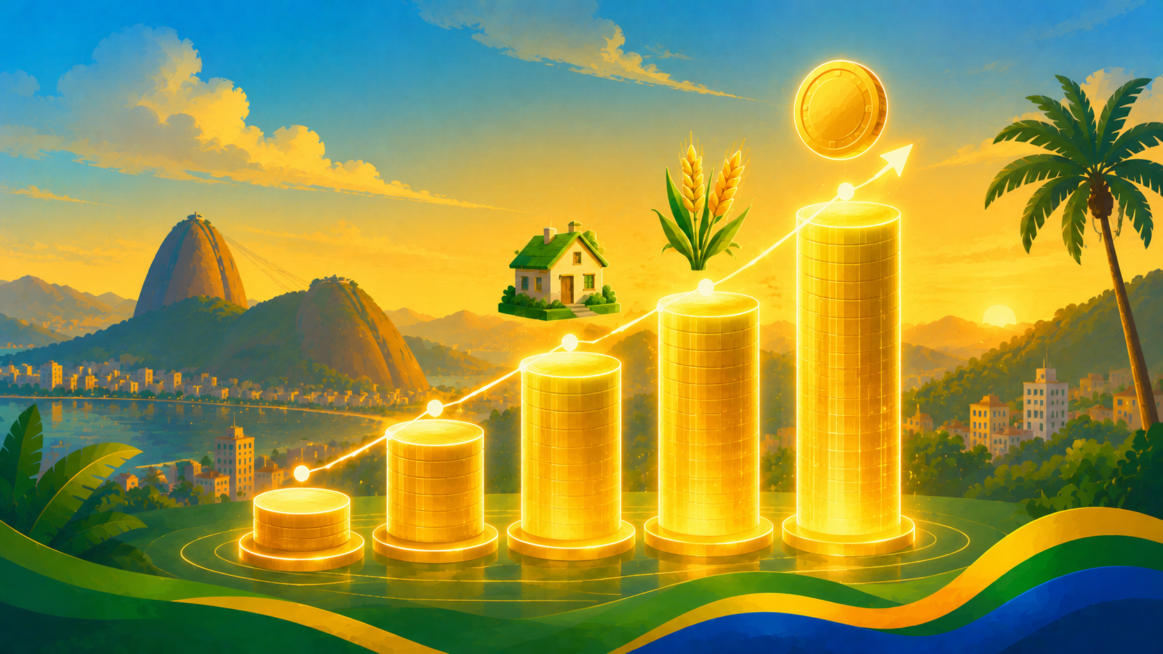 Gráfico de crescimento formado por tokens representando a expansão da tokenização de imóveis, agronegócio e investimentos.