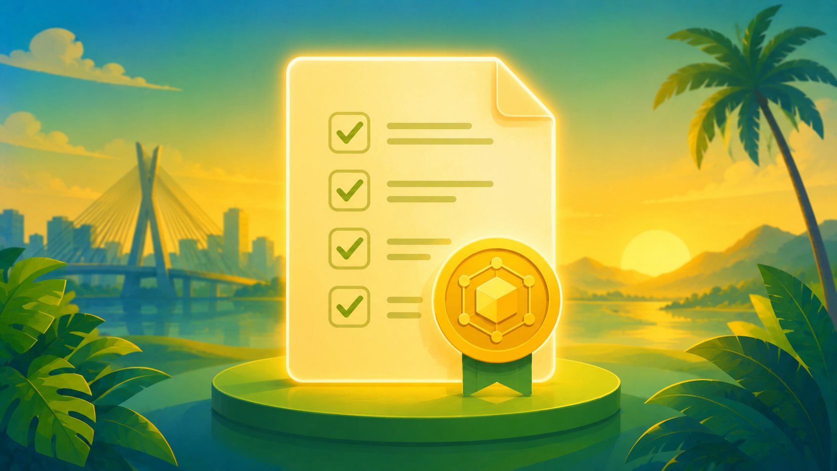 Documento digital com selo em forma de moeda representando contratos e ativos tokenizados.