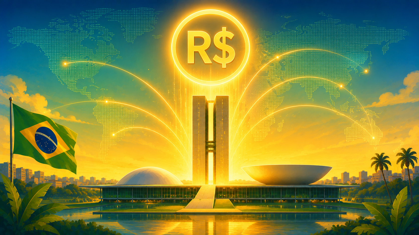 Símbolo do real brasileiro sobre o Congresso Nacional representando a internacionalização do Drex e dos ativos digitais.
