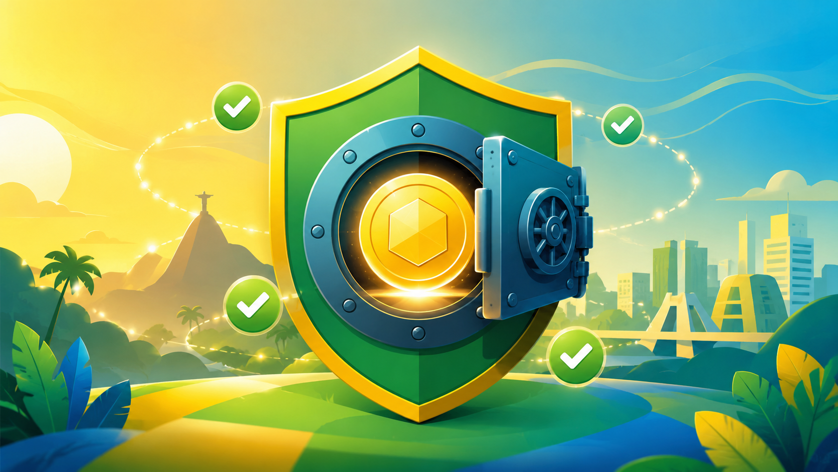 Ilustração de um token digital sendo validado dentro de um cofre digital, representando o conceito de staking de criptoativos no Brasil