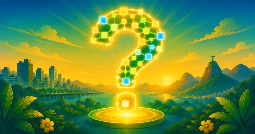 Ilustração de um ponto de interrogação formado por tokens digitais, representando perguntas frequentes sobre tokenização