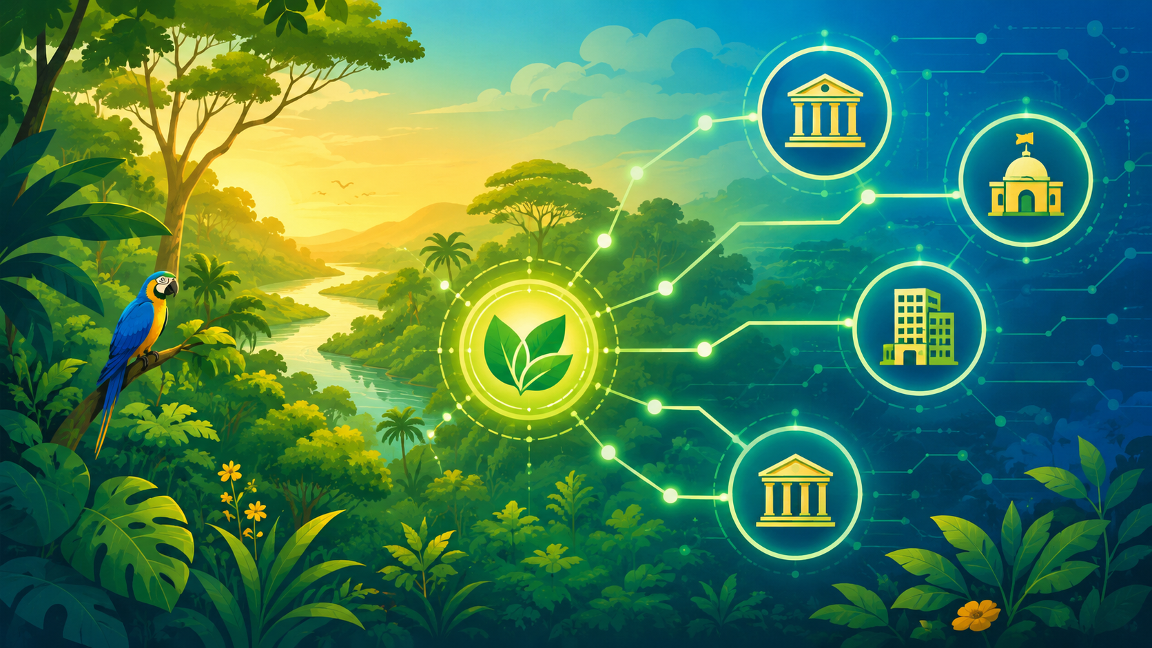 Ilustração de uma floresta brasileira conectada a ícones digitais de blockchain, representando a tokenização de créditos de carbono