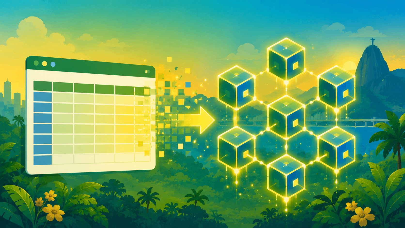 Ilustração de uma tabela de capitalização de startup sendo transformada em tokens digitais registrados em blockchain