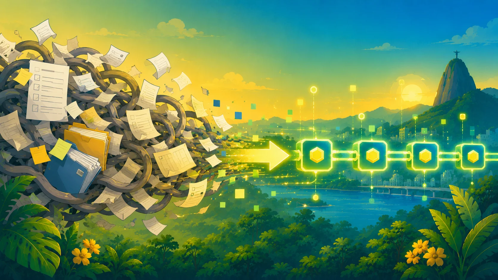 Ilustração de processos burocráticos tradicionais se transformando em um registro digital simplificado via blockchain