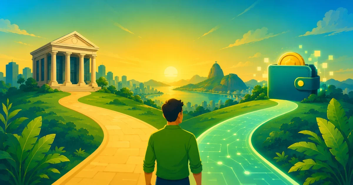 Ilustração comparando o caminho de investir via ETF regulado versus comprar criptoativos diretamente em uma exchange
