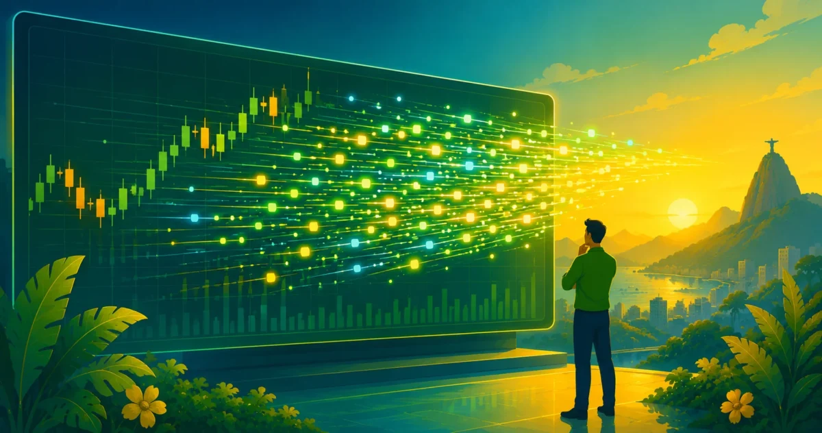 Ilustração de um investidor humano observando agentes de IA operando em alta velocidade em um mercado descentralizado