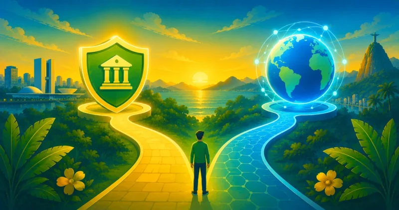 Ilustração comparando dois modelos de tokenização de ações: um regulado pela CVM no Brasil e outro internacional sem a mesma supervisão