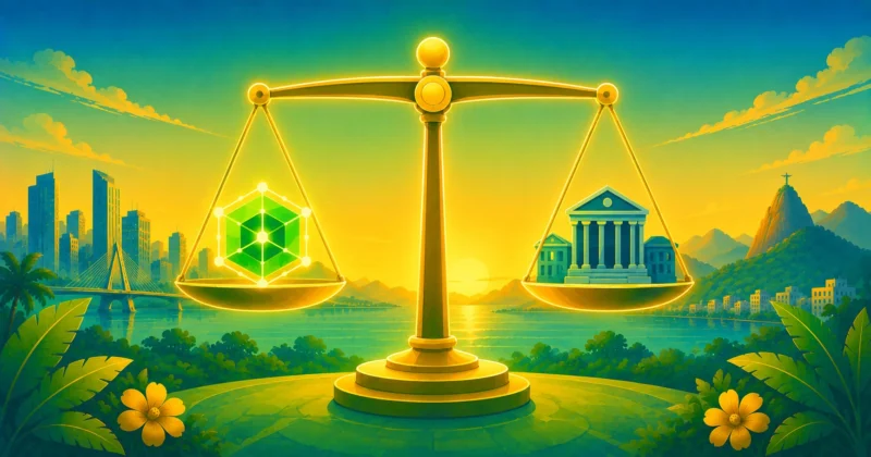 Ilustração de uma balança digital equilibrando um token descentralizado de um lado e ícones institucionais do outro