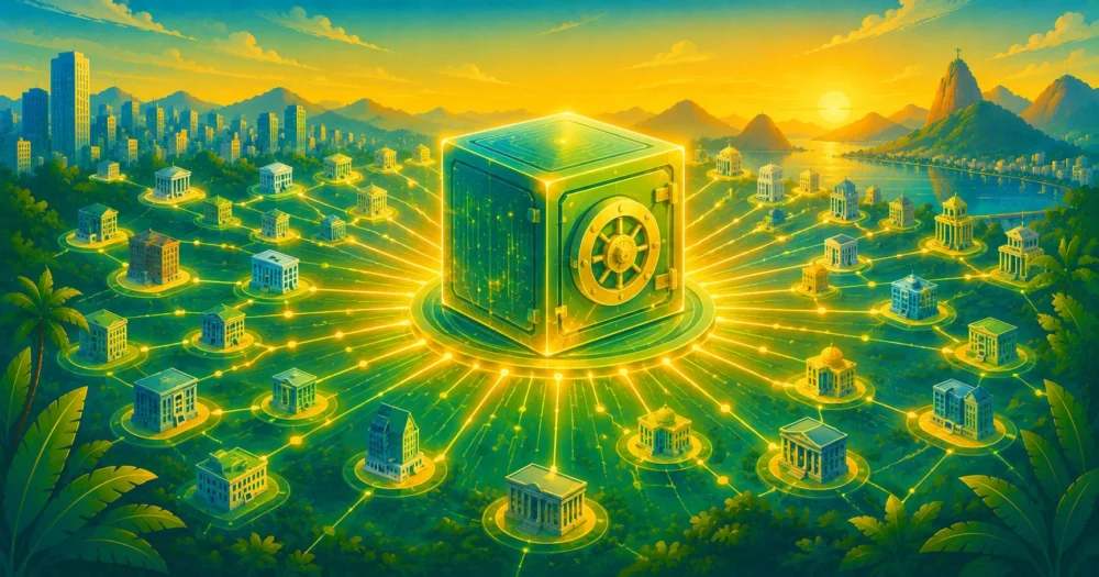 Ilustração de um grande cofre digital central conectado a múltiplas instituições financeiras através de uma rede blockchain
