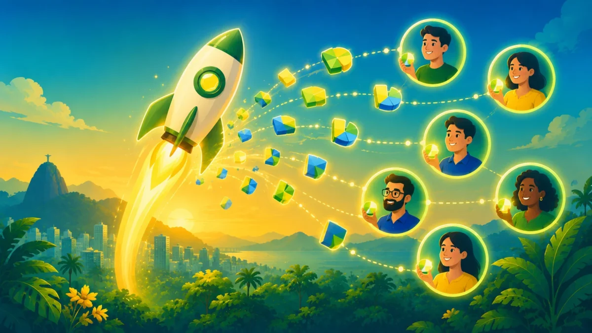 Ilustração de uma startup emitindo tokens fracionados de participação societária para investidores no Brasil