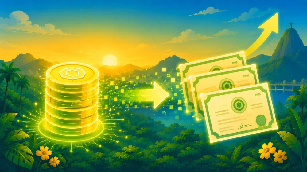 Ilustração de certificados de renda fixa se transformando em tokens digitais, representando CRI e CRA tokenizados no Brasil