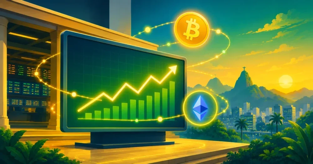 Ilustração de um ETF de criptoativos sendo negociado em bolsa, representando fundos de Bitcoin e Ethereum na B3
