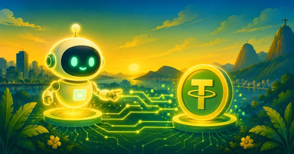 Ilustração de um agente de inteligência artificial conectado a tokens digitais, representando a convergência entre IA e criptoativos