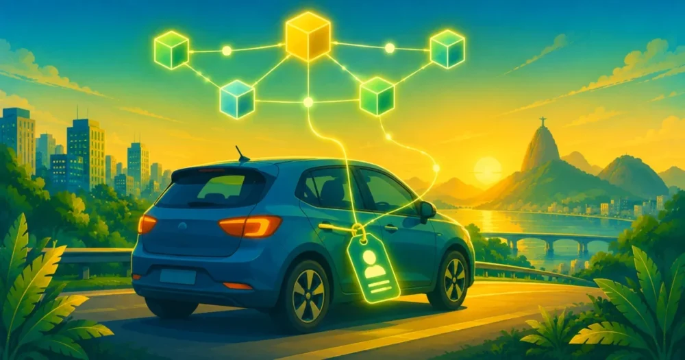 Ilustração de um veículo com um passaporte digital conectado à blockchain, representando o projeto de tokenização de veículos no Paraná