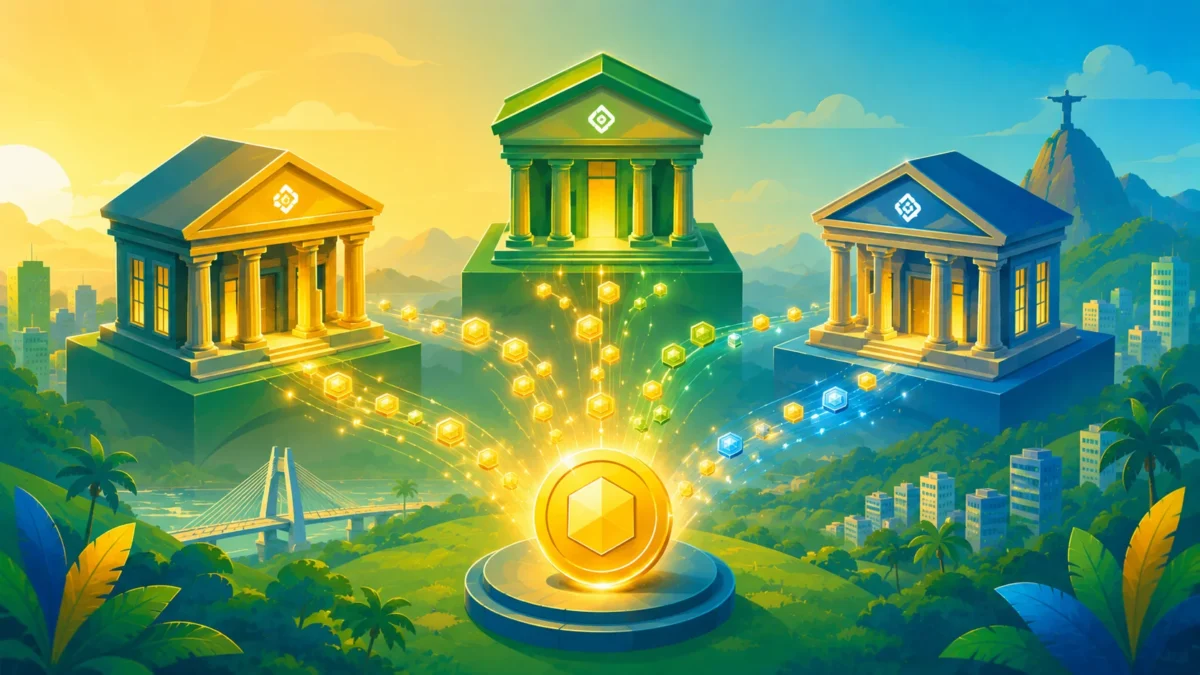 Ilustração de grandes instituições financeiras globais conectadas por fluxos digitais de tokens, representando a entrada institucional no mercado de RWA