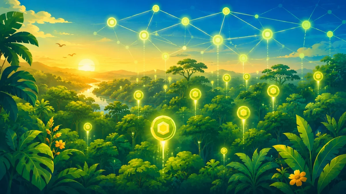 Ilustração de uma floresta brasileira com tokens digitais representando créditos de carbono tokenizados subindo em direção a uma rede blockchain