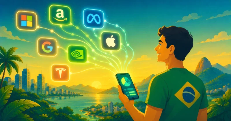 Ilustração de um investidor brasileiro acessando ações tokenizadas de empresas de tecnologia americanas via smartphone
